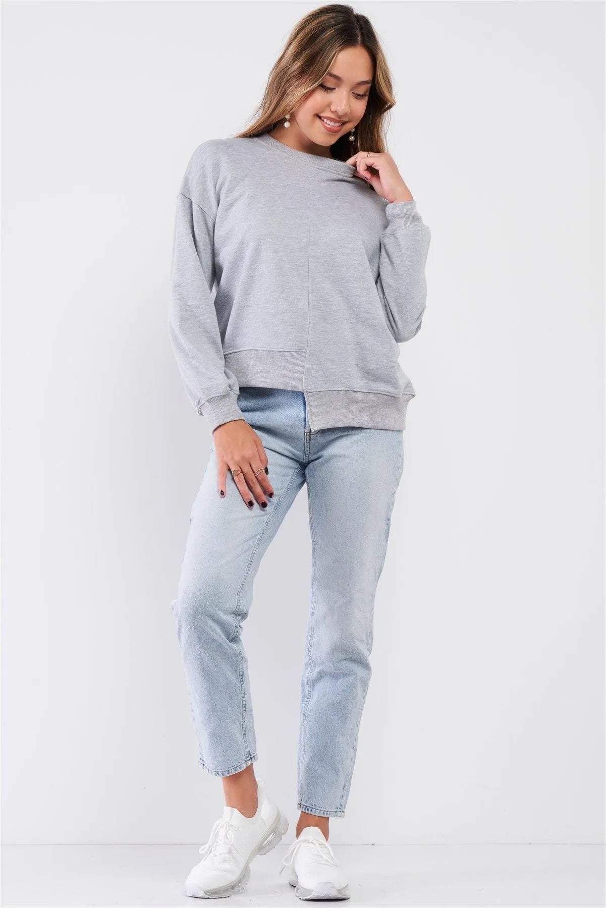 Heather Grey Relaxed Fit Long Sleeve Ribbed Crew Neck Sweatshirt /3-2-1 - Tasha Apparel Wholesale