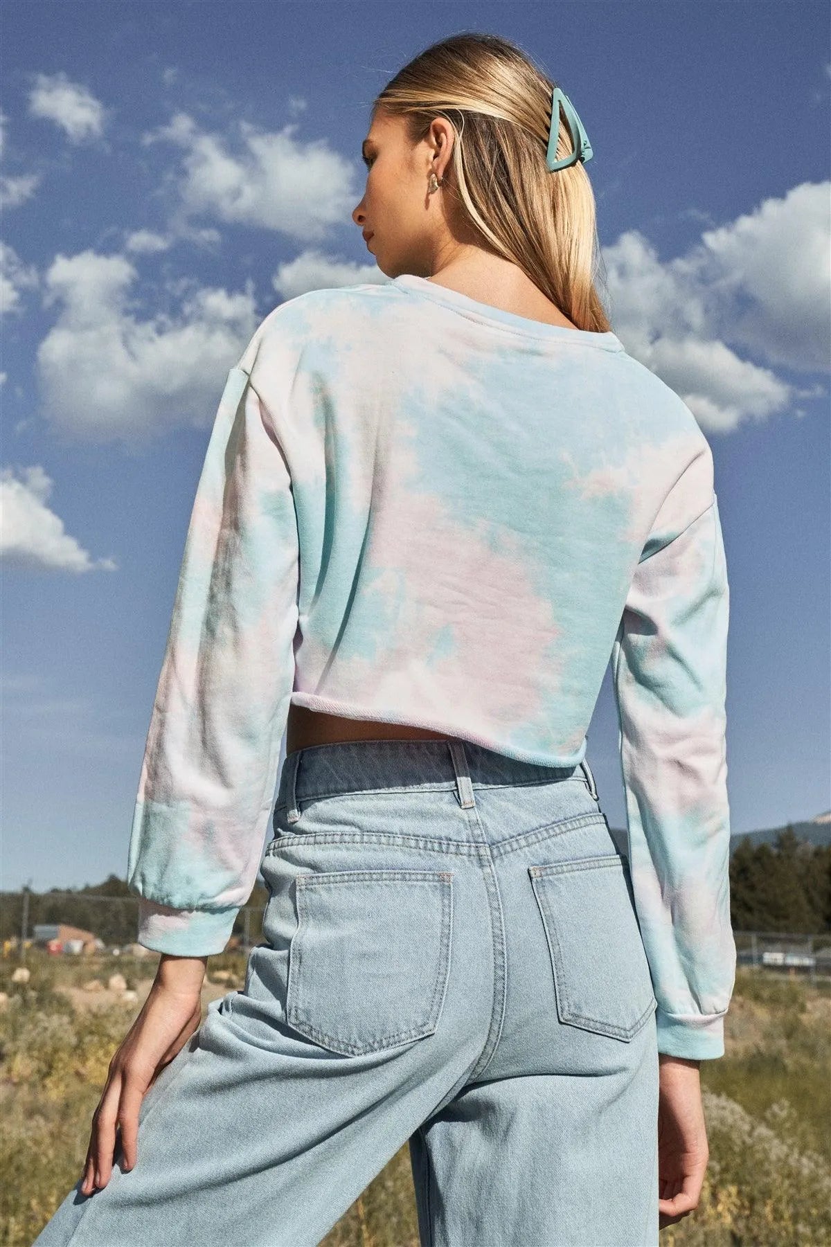 Up In The Clouds Blue Multicolor Tie-Dye Long Sleeve Crop Sweatshirt - Tasha Apparel Wholesale