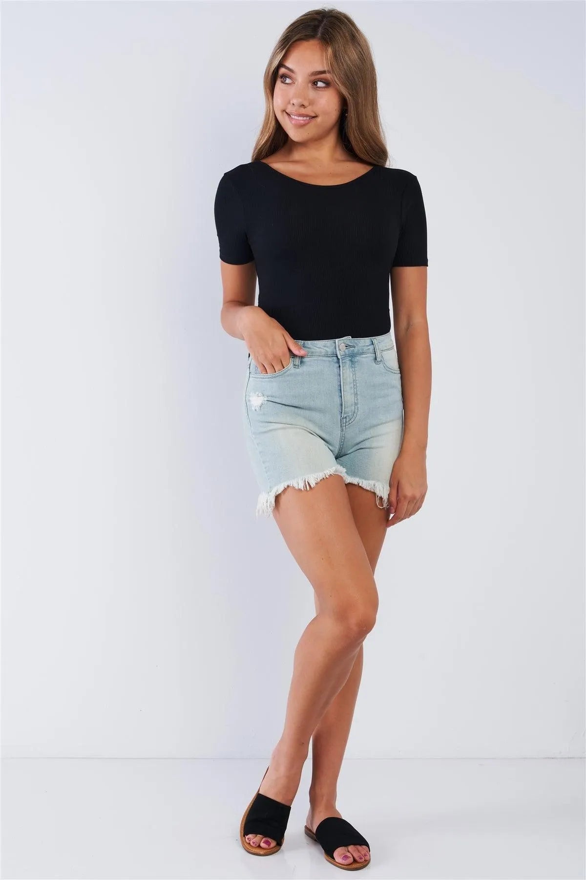 Black Backside Cut Out Short Sleeve Bodysuit /3-2-1 - Tasha Apparel Wholesale