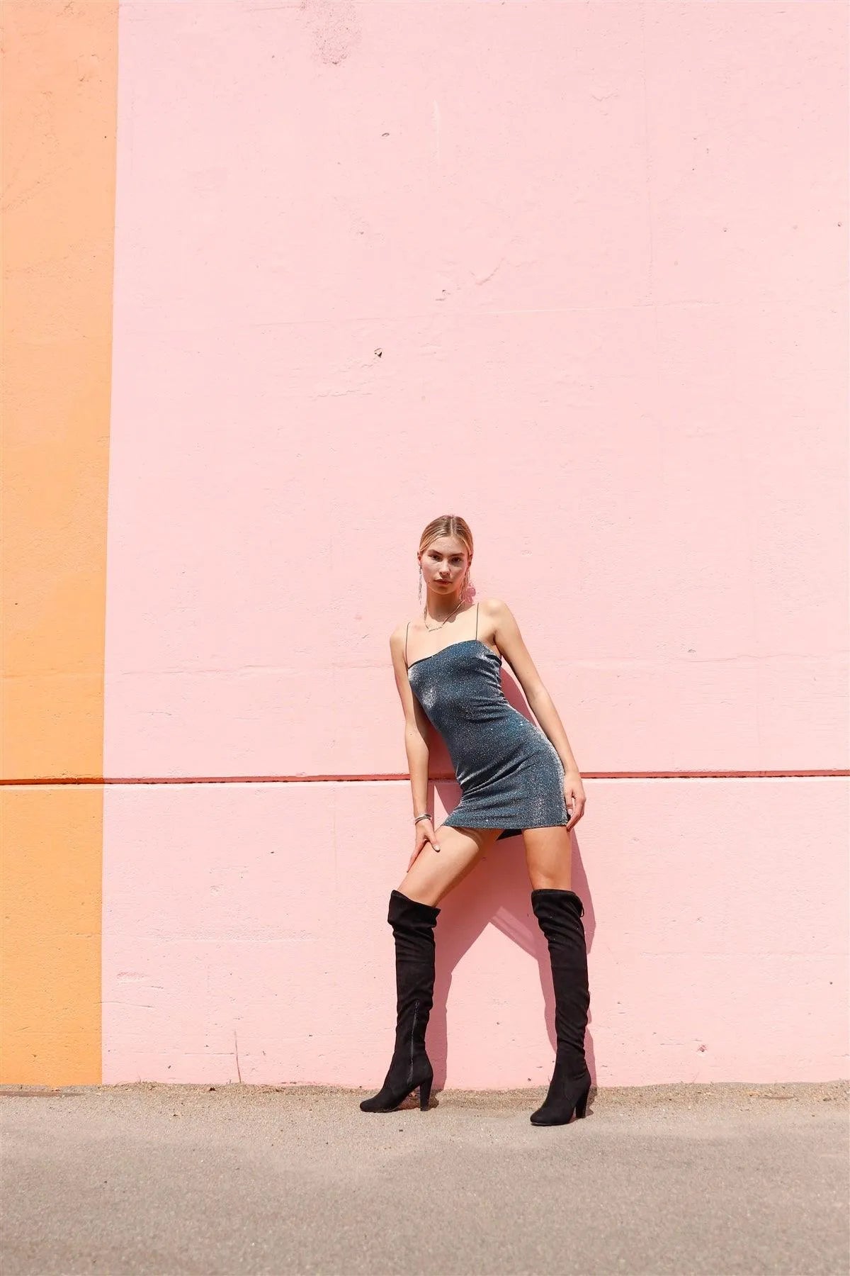 Teal Sparkly Metallic Silver & Black Sleeveless Mini Dress /3-2-1 - Tasha Apparel Wholesale