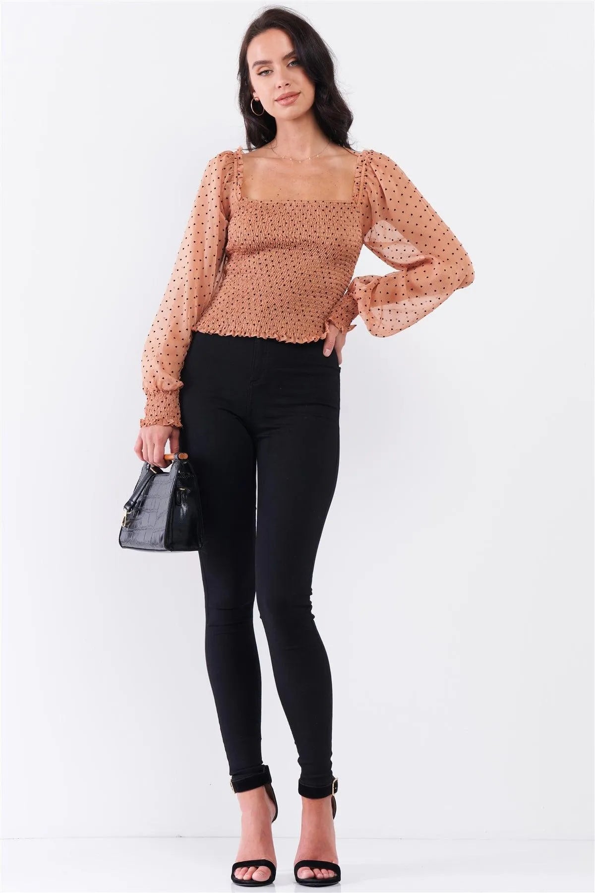 Caramel Drizzle Heart Polka Dot Print Mesh Balloon Sleeve Frill Square Neck Smock Top /3-2-1 - Tasha Apparel Wholesale