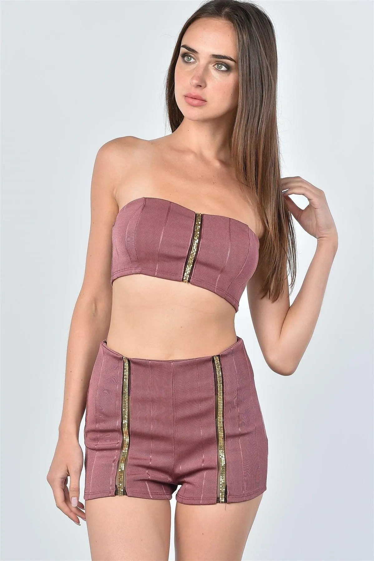 Mauve And Gold Side Trim Shorts /3-2-1 - Tasha Apparel Wholesale