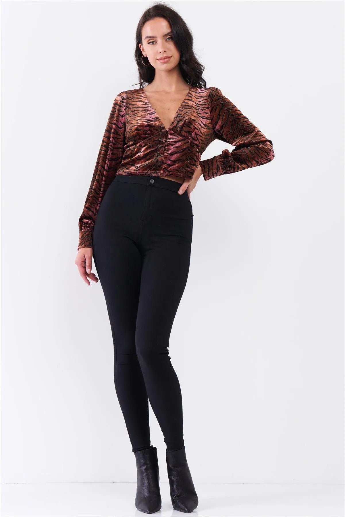 Retro Plum & Brown Gradient Tiger Print Plunging V-Neck Long Sleeve Button Down Detail Crop Top /3-2-1 - Tasha Apparel Wholesale
