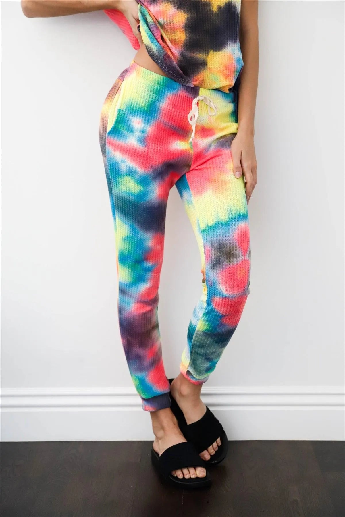 Rainbow Tie-Dye Waffle Loose T-Shirt & Sweatpants Set /1-1-1 - Tasha Apparel Wholesale