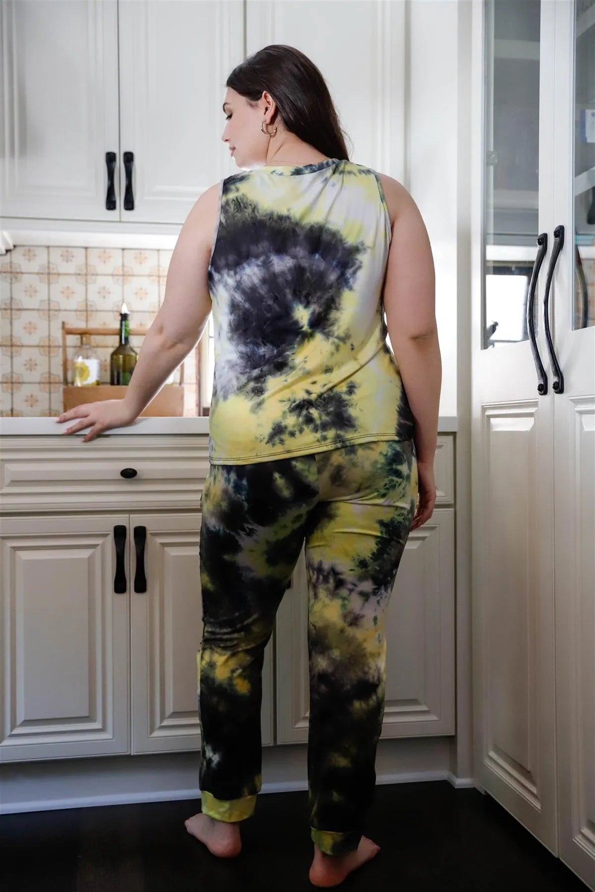 Junior Plus Black & Yellow Tie-Dye Tank Top & Ripped Sweatpants Set - Tasha Apparel Wholesale