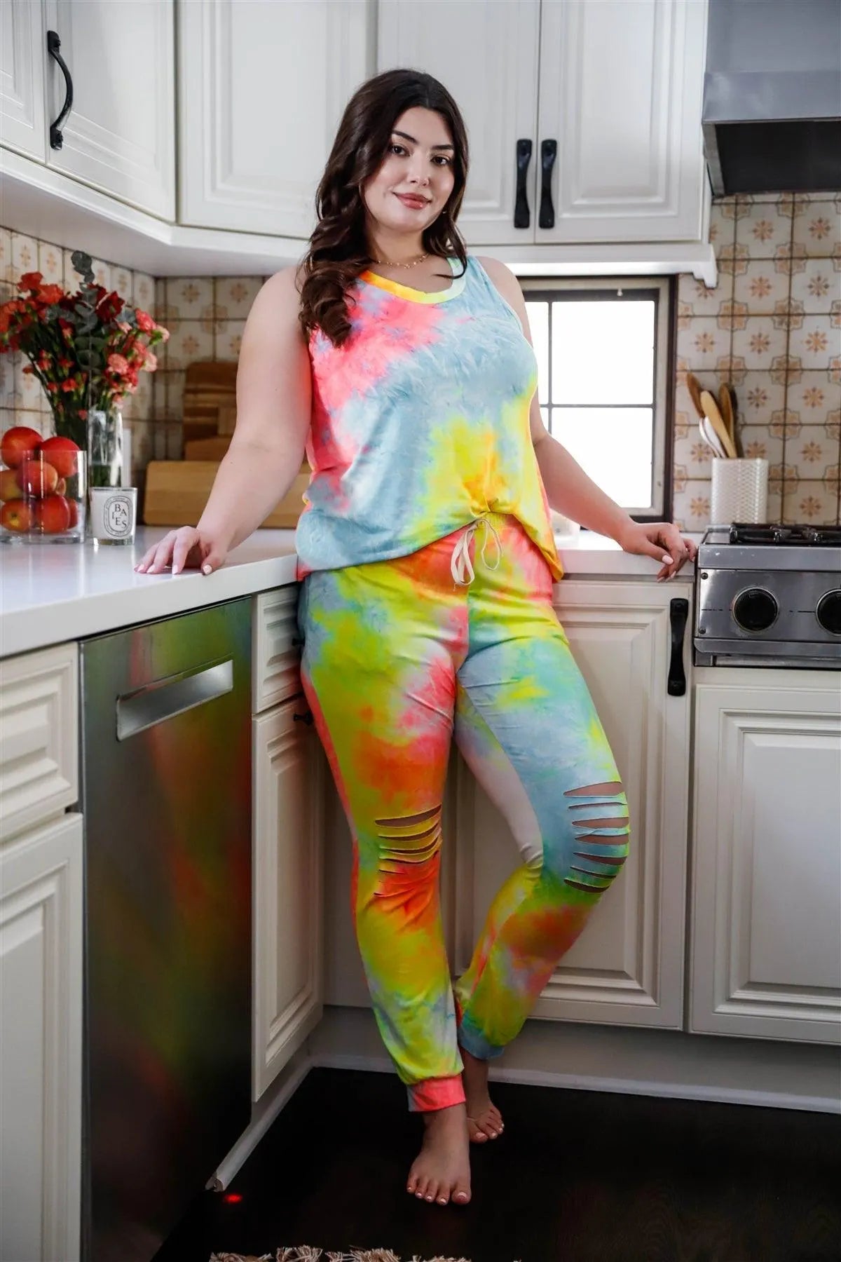 Junior Plus Neon Pink & Yellow Tie-Dye Tank Top & Ripped Sweatpants Set /1-1-1 - Tasha Apparel Wholesale