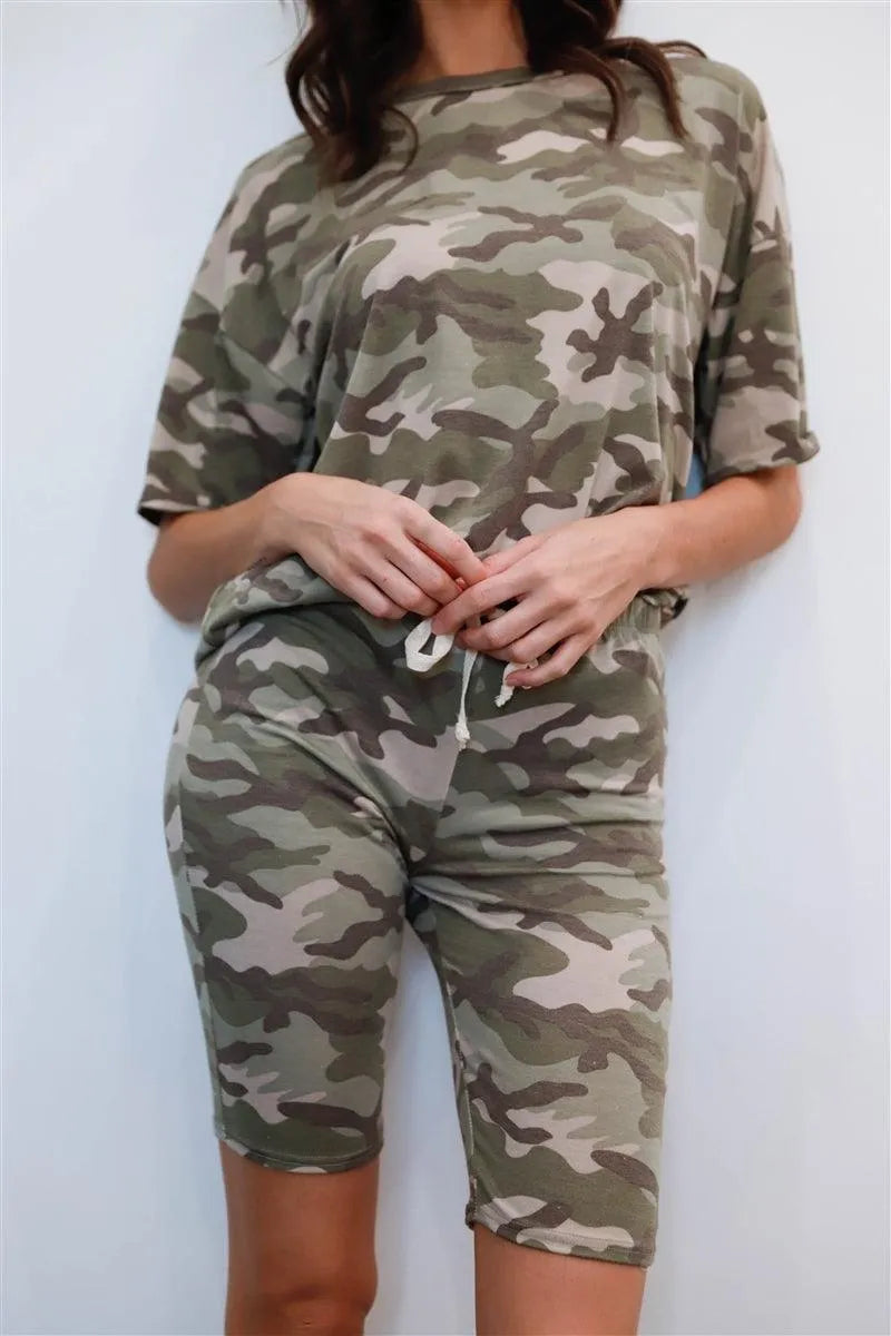 Moss Camouflage Short Sleeve Crewneck T-Shirt & Biker Shorts Set - Tasha Apparel Wholesale