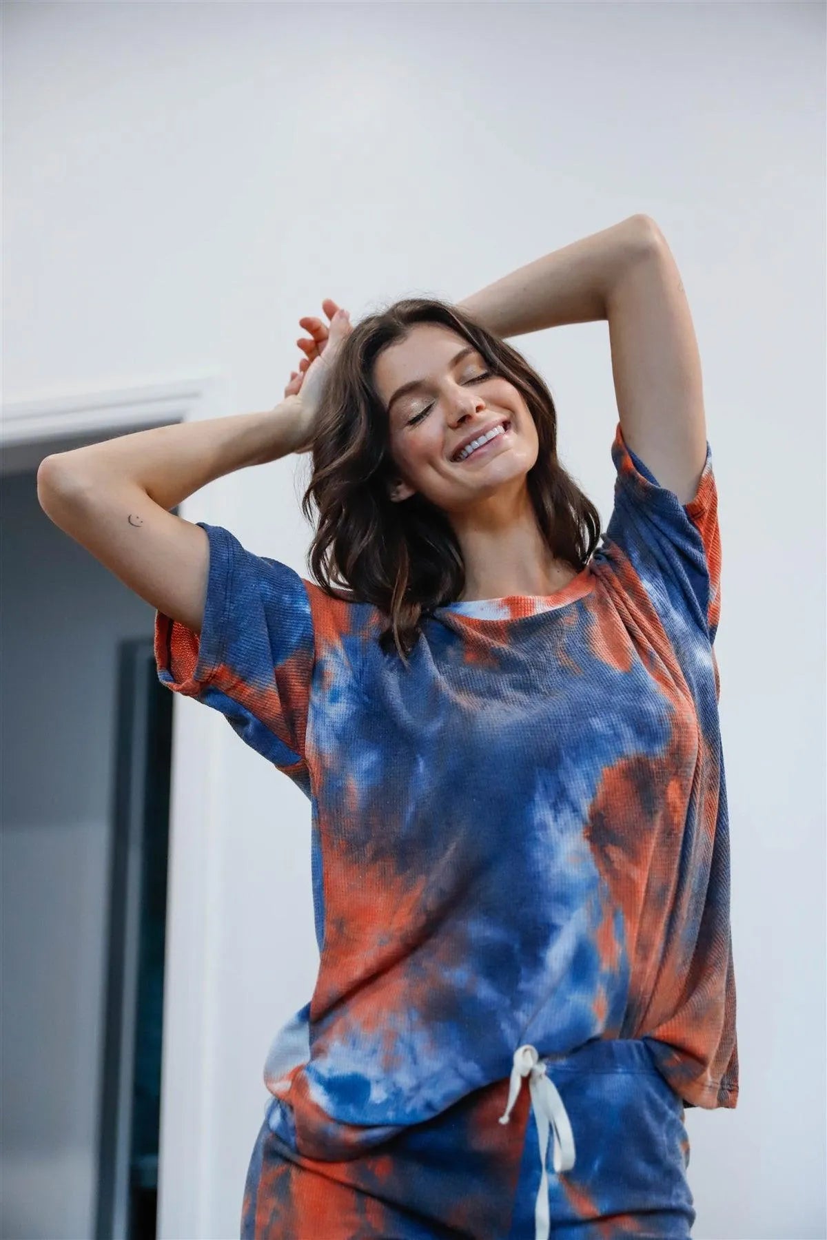 Navy Rust Tie-Dye Waffle-Knit Crewneck T-Shirt & Biker Shorts Set /1-1-1 - Tasha Apparel Wholesale