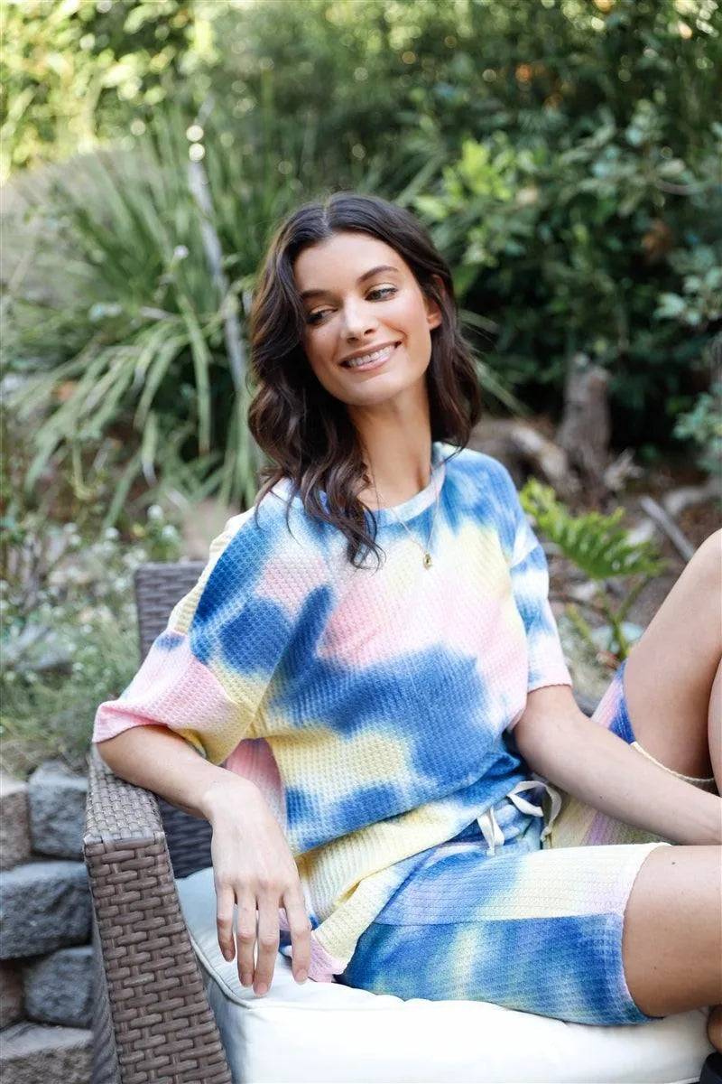 Blue Yellow Tie-Dye Waffle-Knit T-Shirt & Biker Shorts Set - Tasha Apparel Wholesale