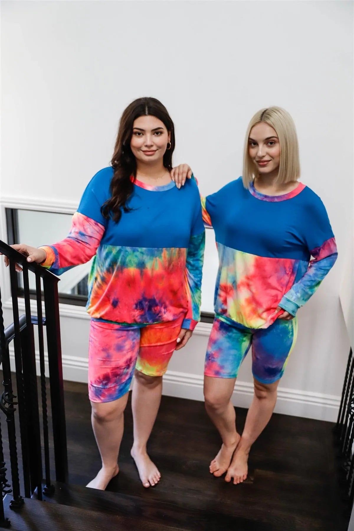 Junior Plus Blue Neon Rainbow Tie-Dye Colorblock Long Sleeve Top & Biker Shorts Set /1-1-1 - Tasha Apparel Wholesale