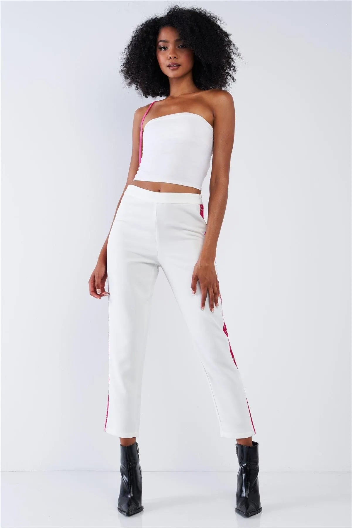 White High Waisted Capri With Hot Pink Lace Side Leg Trim /1-2-2-1 - Tasha Apparel Wholesale