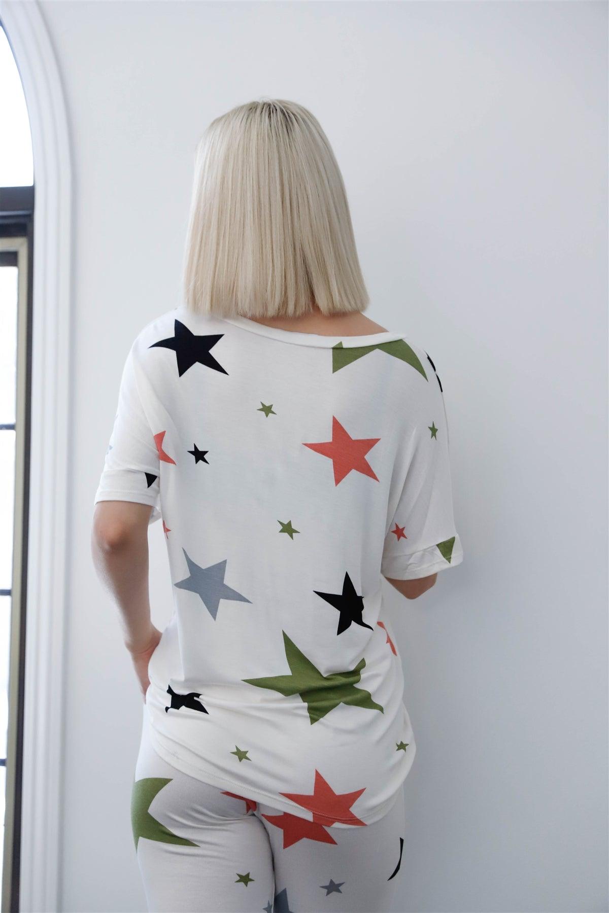 Ivory Multi Color Star Print Short Sleeve Top & Sweatpants Set