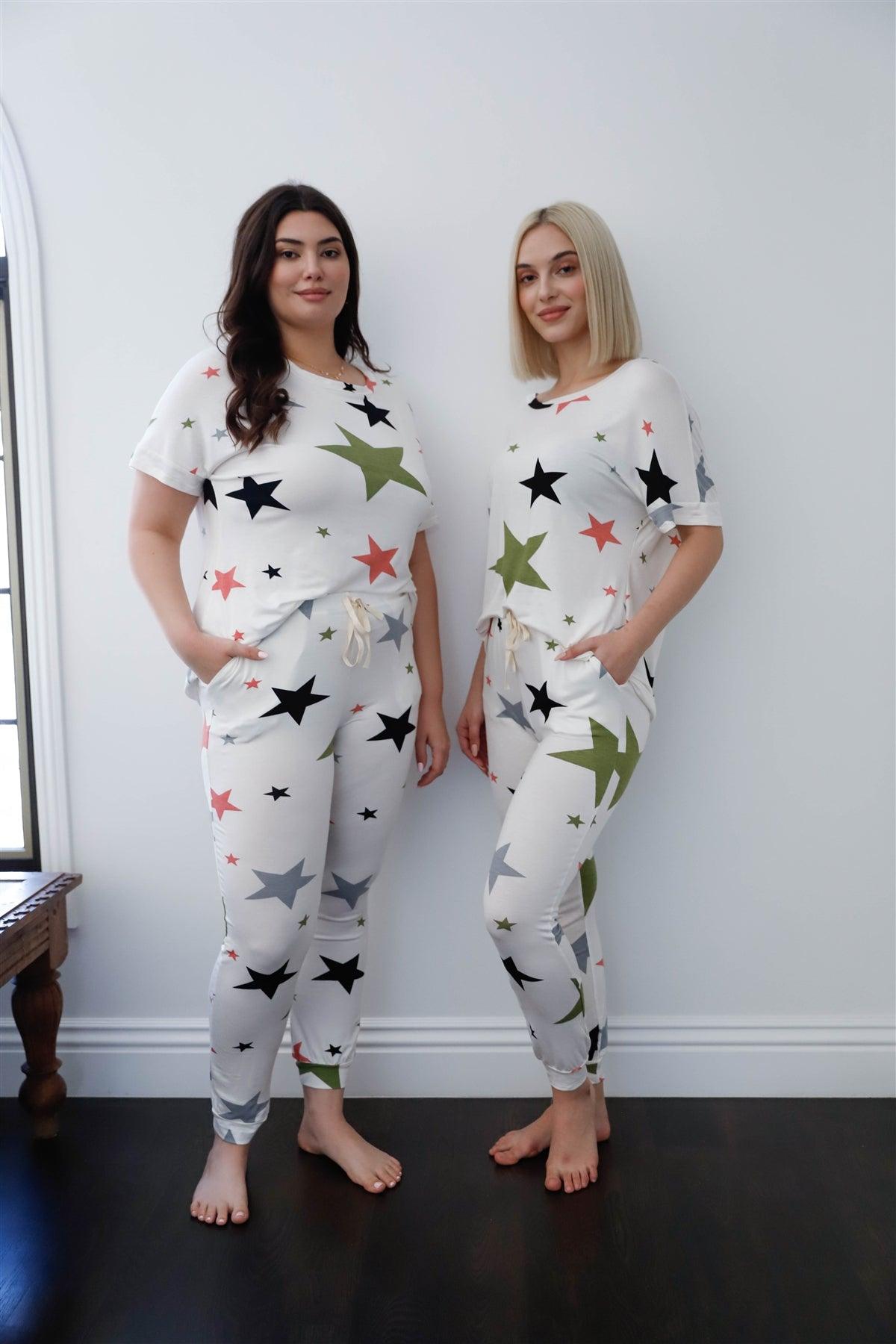 Ivory Multi Color Star Print Short Sleeve Top & Sweatpants Set