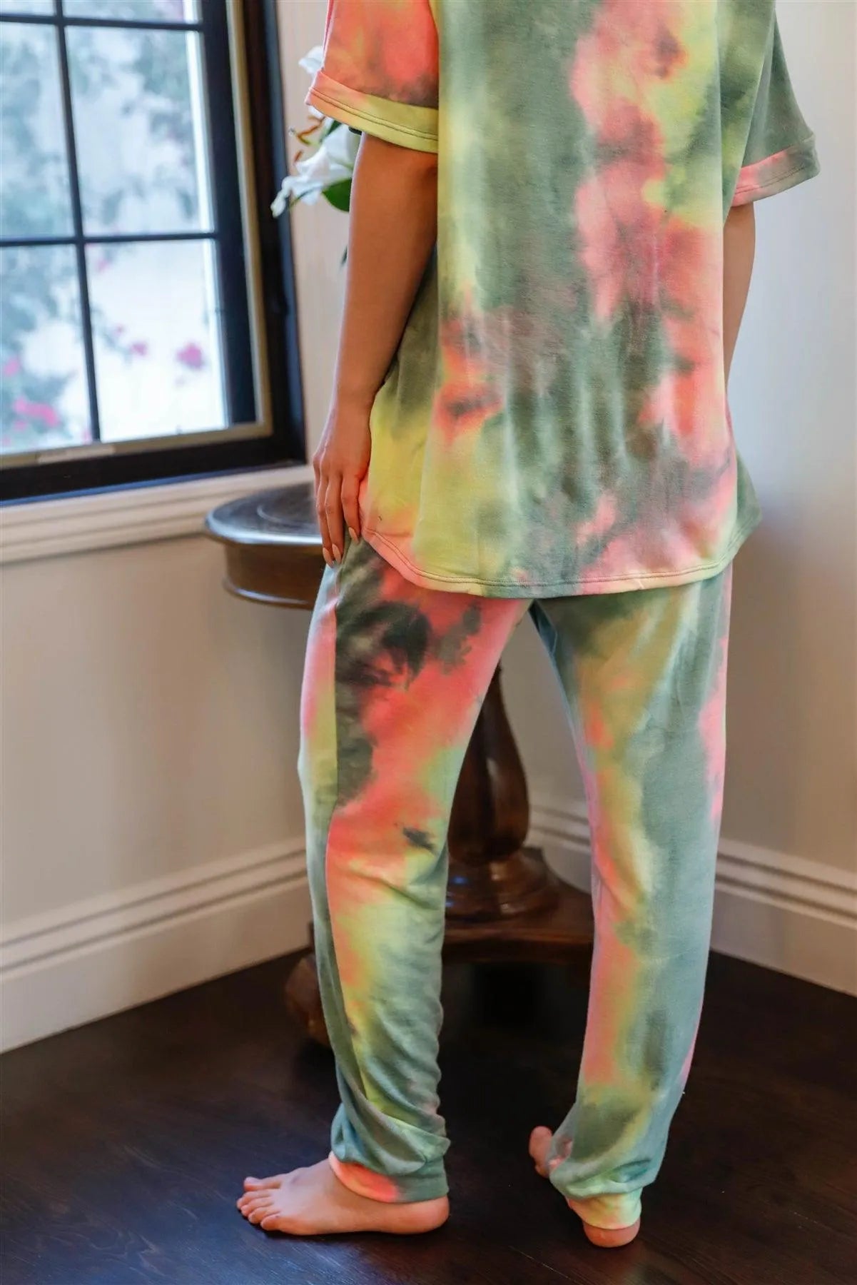 Olive Pink & Light Green Tie-Dye Short Sleeve Top & Sweatpants Set /1-1-1 - Tasha Apparel Wholesale