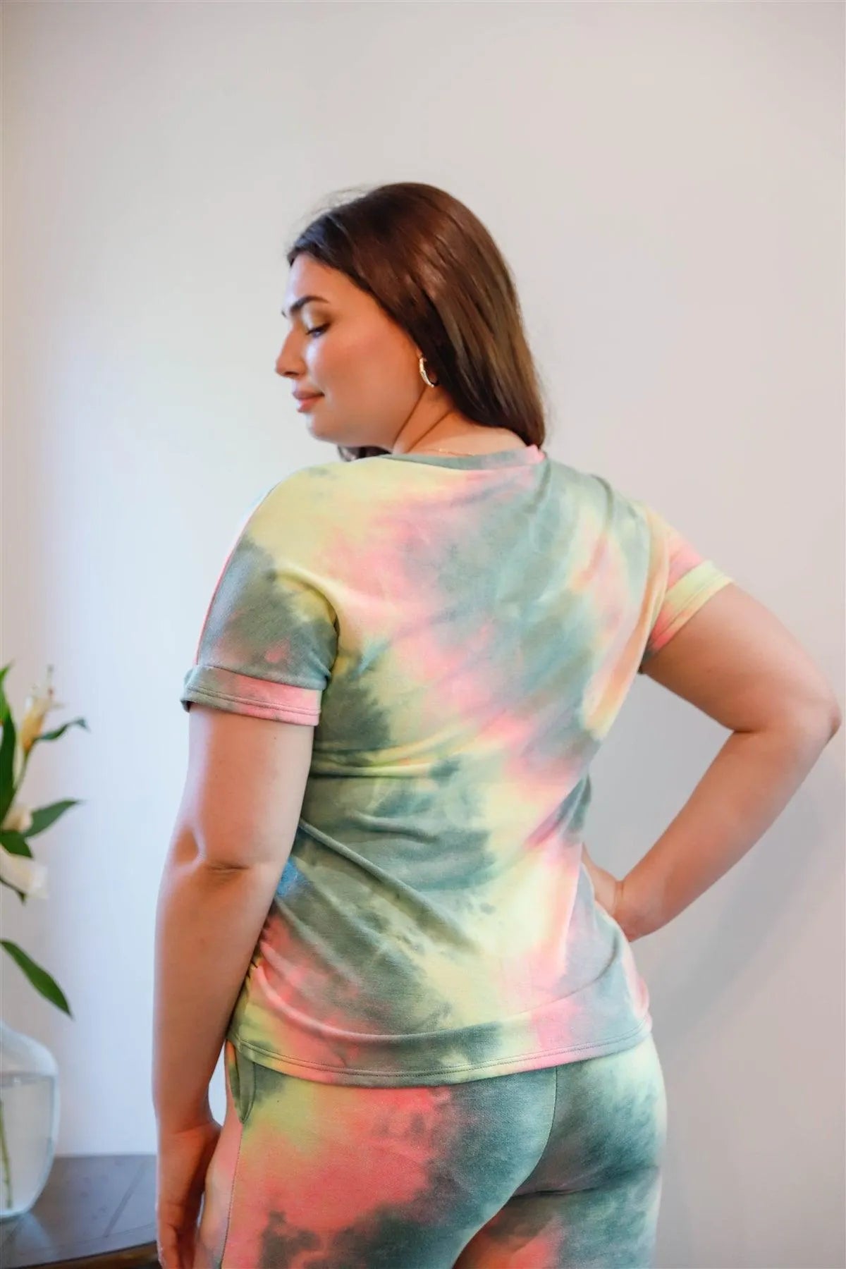 Junior Plus Size Olive Pink & Light Green Tie-Dye Short Sleeve Top & Sweatpants Set - Tasha Apparel Wholesale