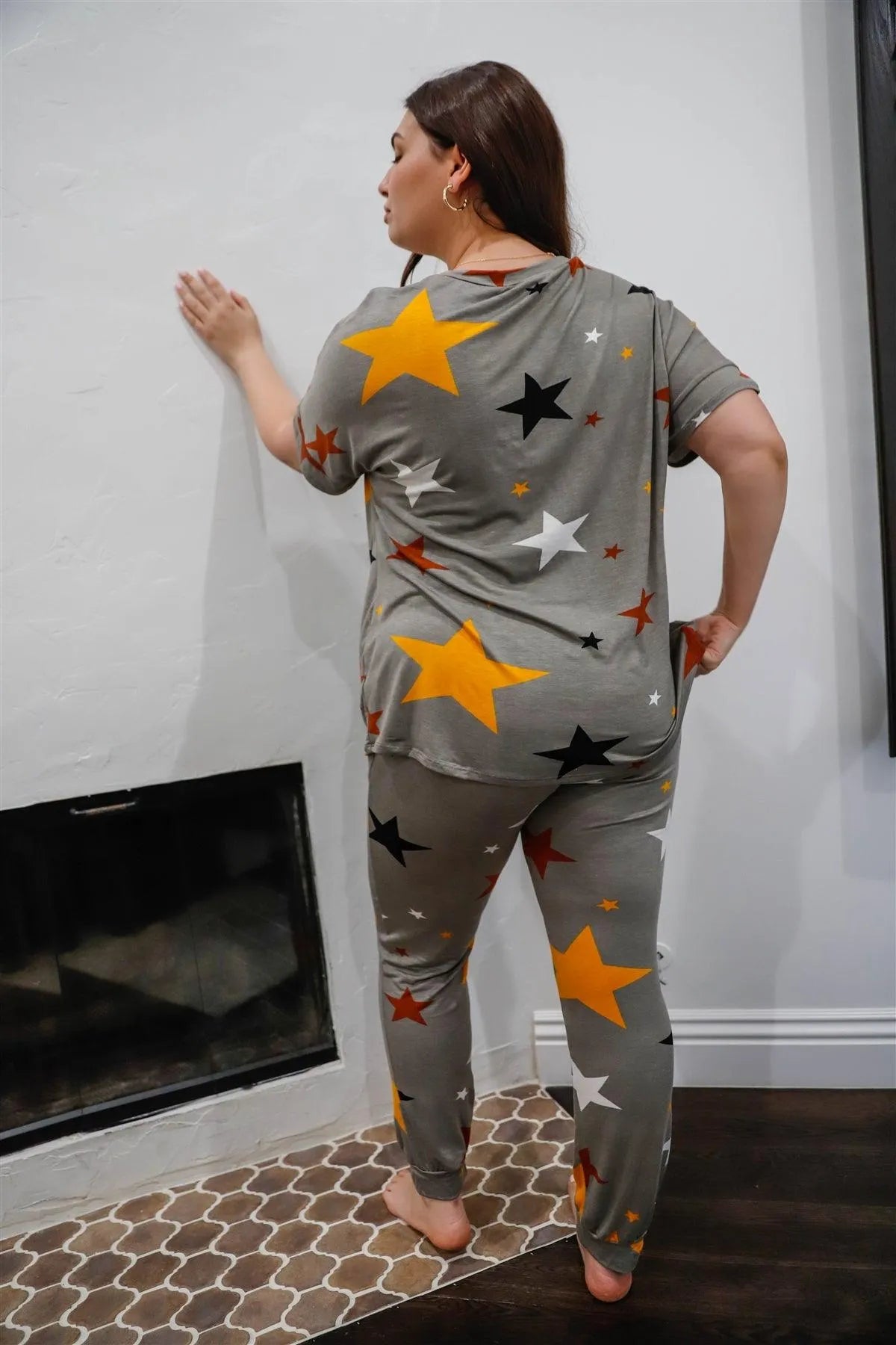 Junior Plus Sage Multi Color Star Print Short Sleeve Top & Sweatpants Set /1-1-1 - Tasha Apparel Wholesale