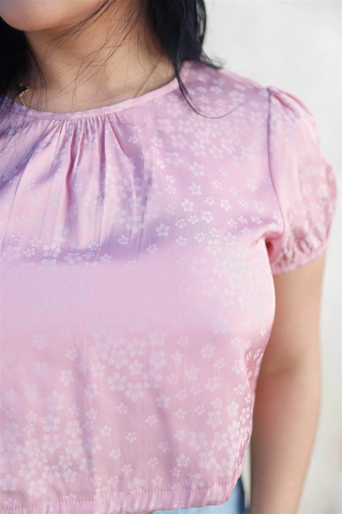 Pink Satin Effect Floral Print Cut-Out Back Detail Self-Tie Hem Crop Top /2-2-1 - Tasha Apparel Wholesale