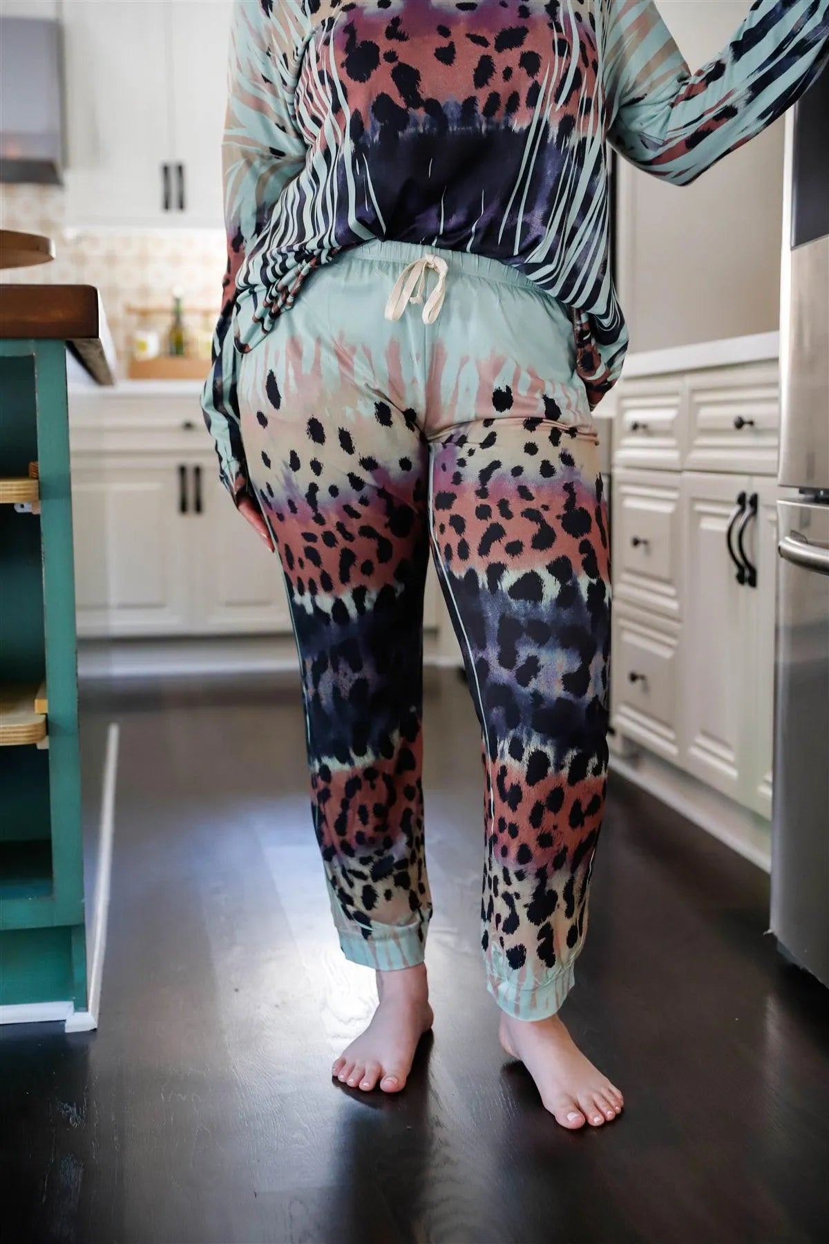 Junior Plus Dark Sage Animal Print Long Sleeve T-Shirt & Sweatpants Set /1-1-1 - Tasha Apparel Wholesale
