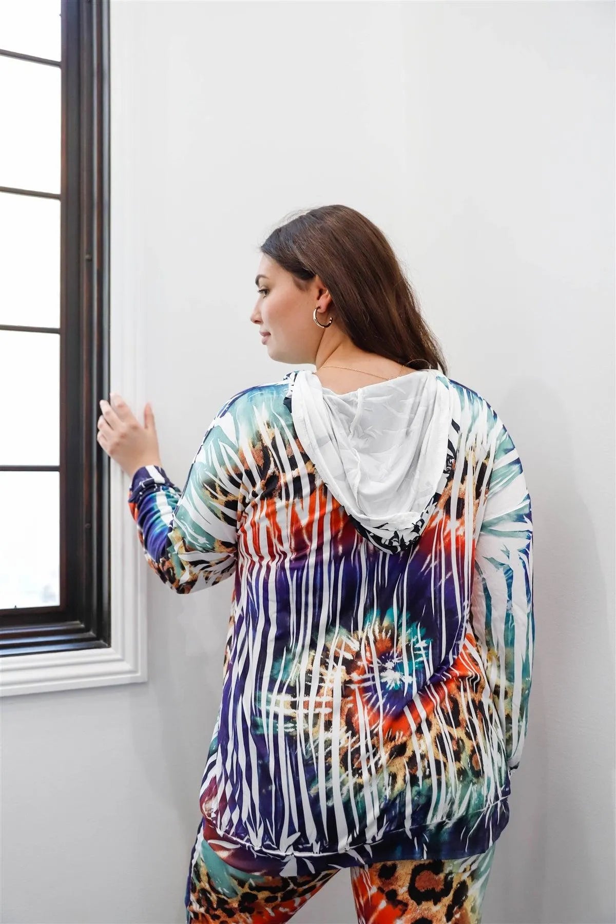 Junior Plus Ivory Animal Multi Color Print Hooded Long Sleeve Top & Pants Set /1-1-1 - Tasha Apparel Wholesale