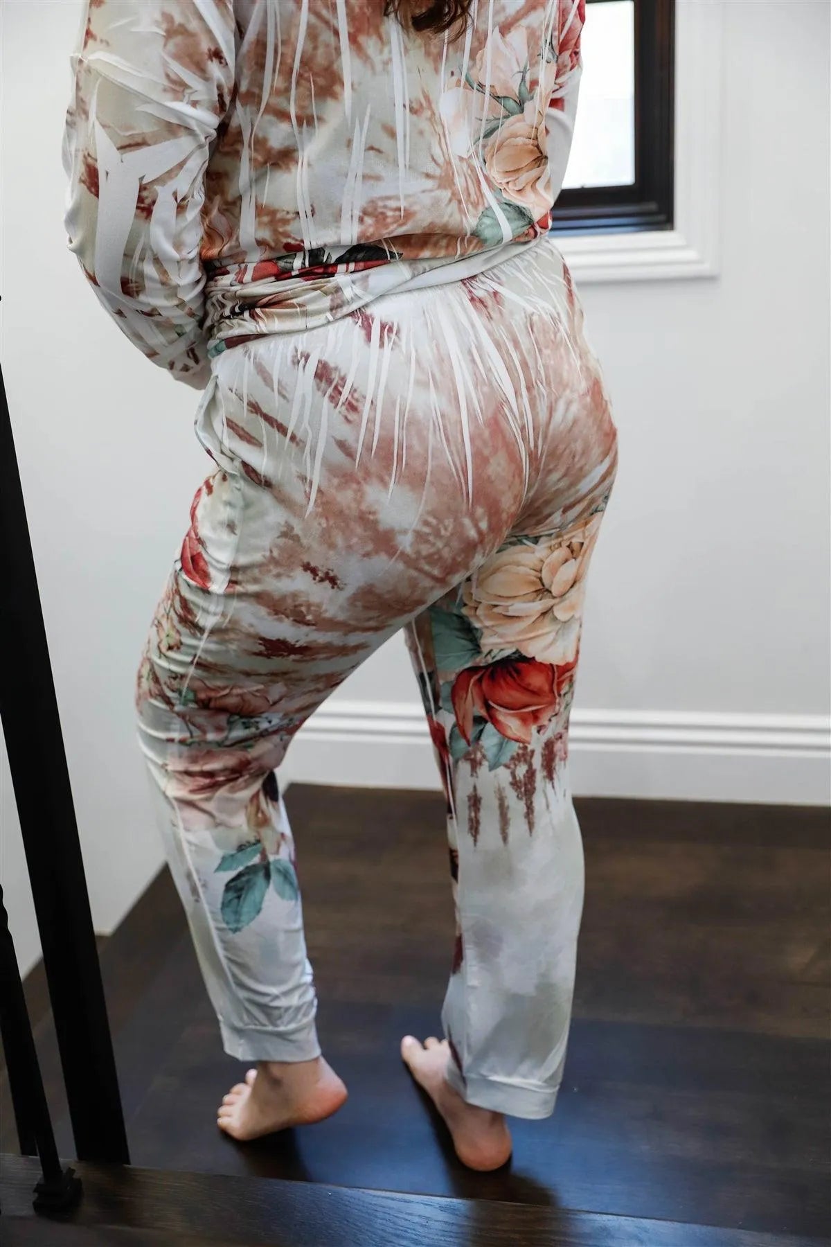 Junior Plus Size Ivory Floral Tie-Dye Long Sleeve Top & Sweatpants Set - Tasha Apparel Wholesale