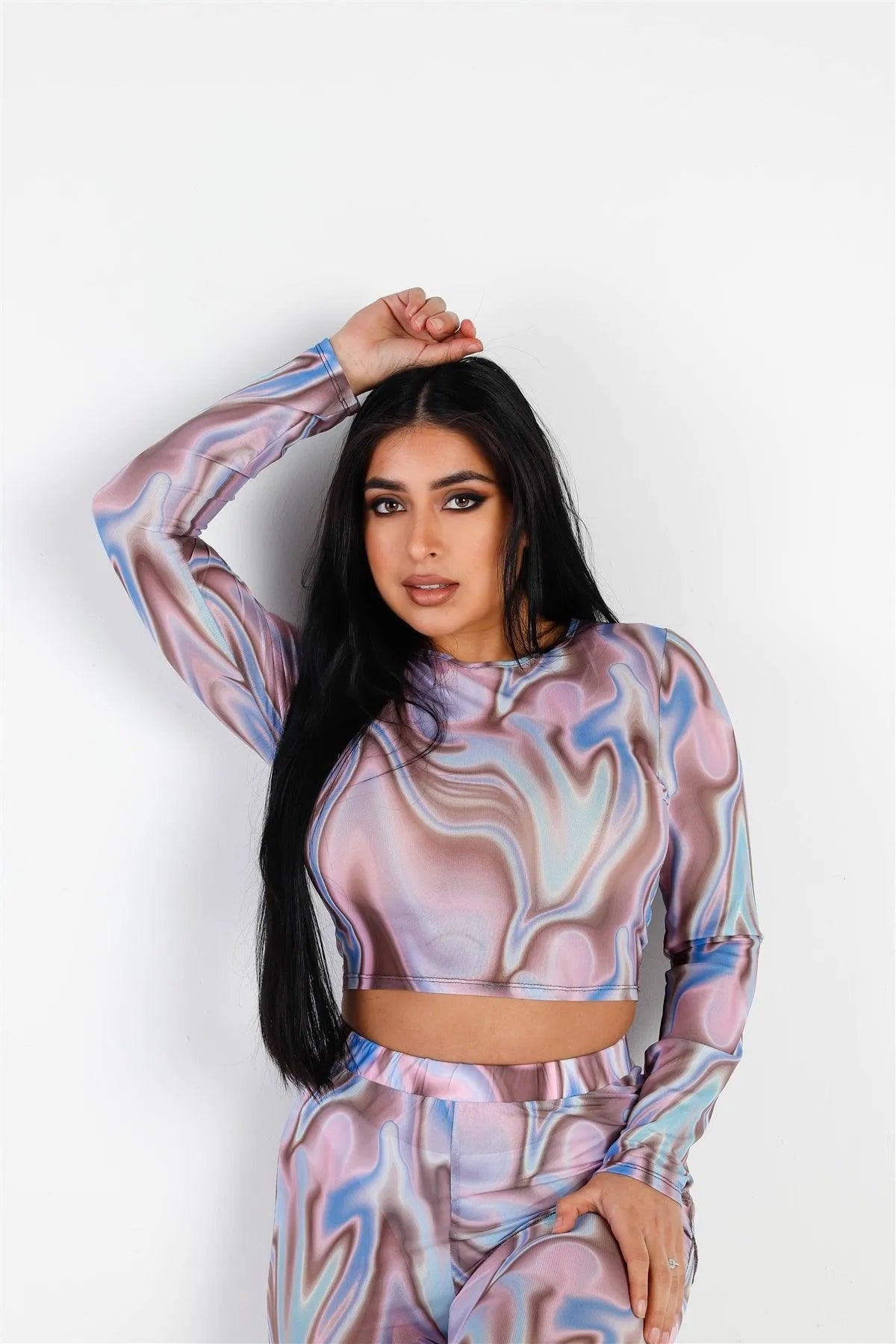 Purple Multi Color Swirl Mesh Long Sleeve Top & Reverse Stitch Flare Pant Set /3-2-1 - Tasha Apparel Wholesale