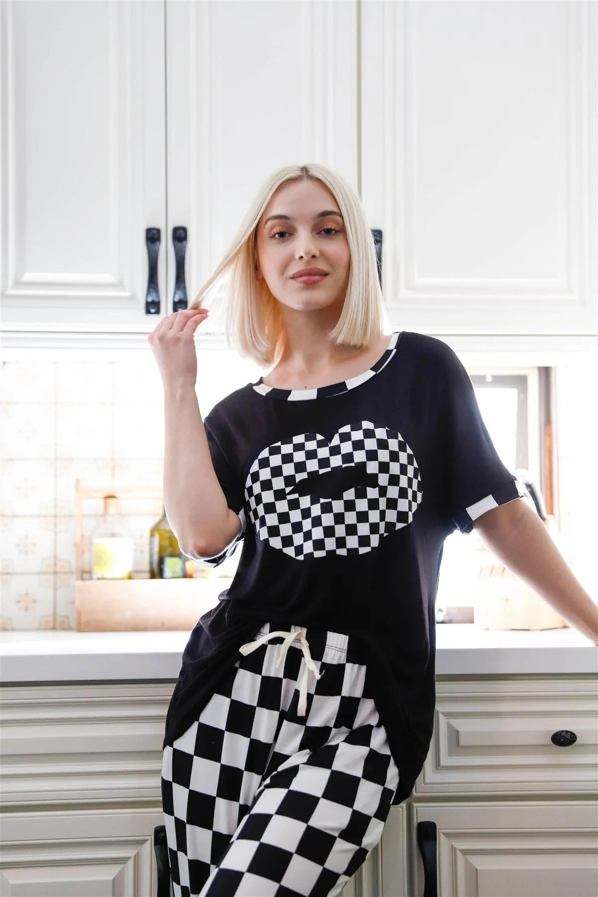 Black & White Checkboard Pattern Lips Graphic Short Sleeve Top & Sweatpants Set - Tasha Apparel Wholesale