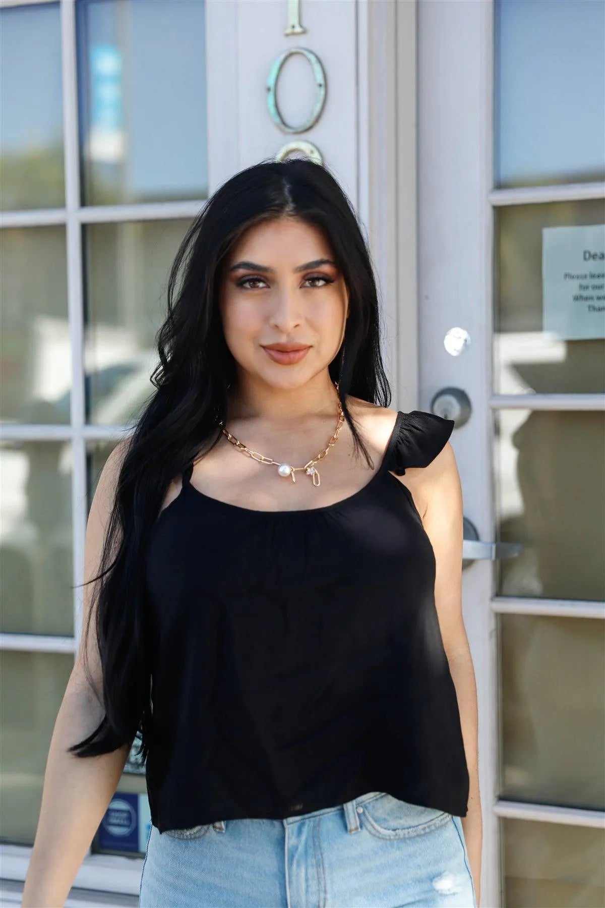 Black Ruffle Straps Back Cut-Out Self-Tie Detail Top /3-2-1 - Tasha Apparel Wholesale