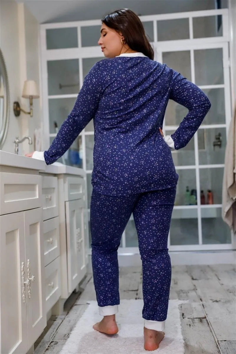 Junior Plus Size Navy Floral Print Long Sleeve Crewneck & Sweatpants Set - Tasha Apparel Wholesale
