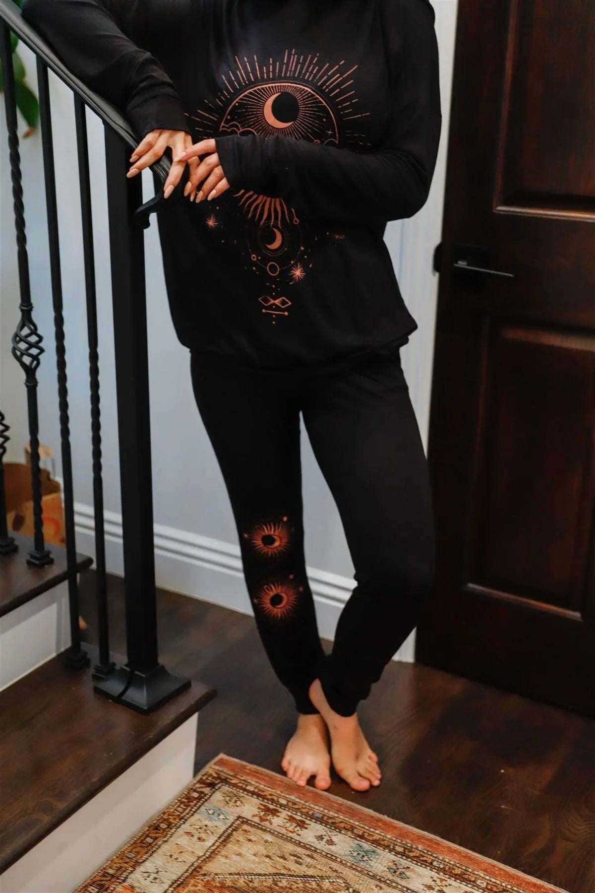 Black & Pink Moon Sun Astronomy Print Hooded Long Sleeve Top & Pants Set /1-1-1 - Tasha Apparel Wholesale