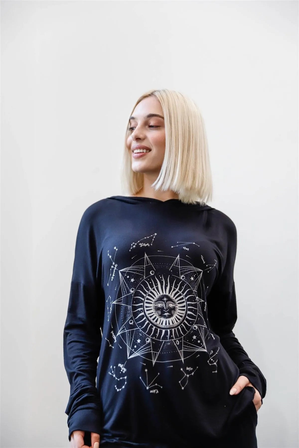 Black & Taupe Moon Sun Astronomy Print Hooded Long Sleeve Top & Pants Set /1-1-1 - Tasha Apparel Wholesale