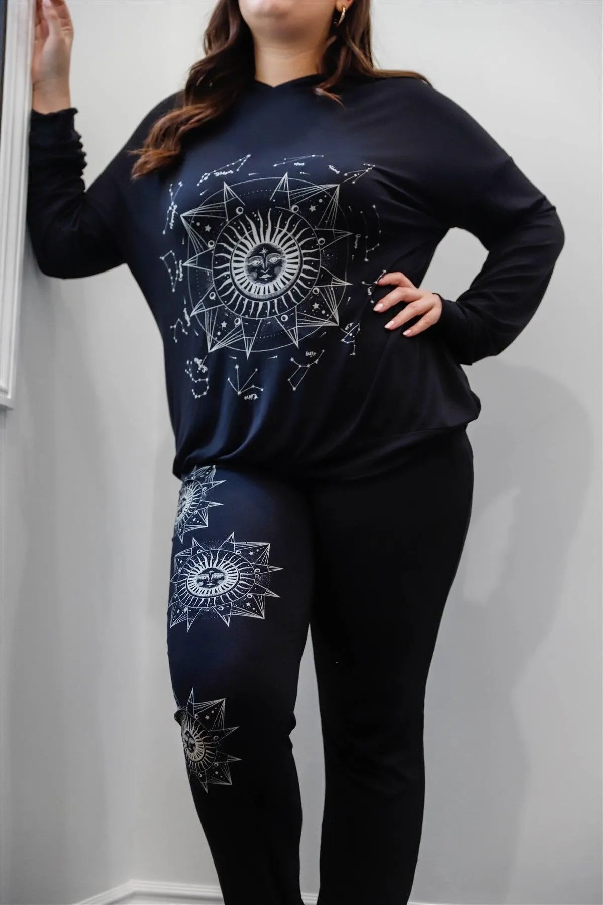 Junior Plus Black & Taupe Moon Sun Astronomy Print Hooded Long Sleeve Top & Pants Set /1-1-1 - Tasha Apparel Wholesale