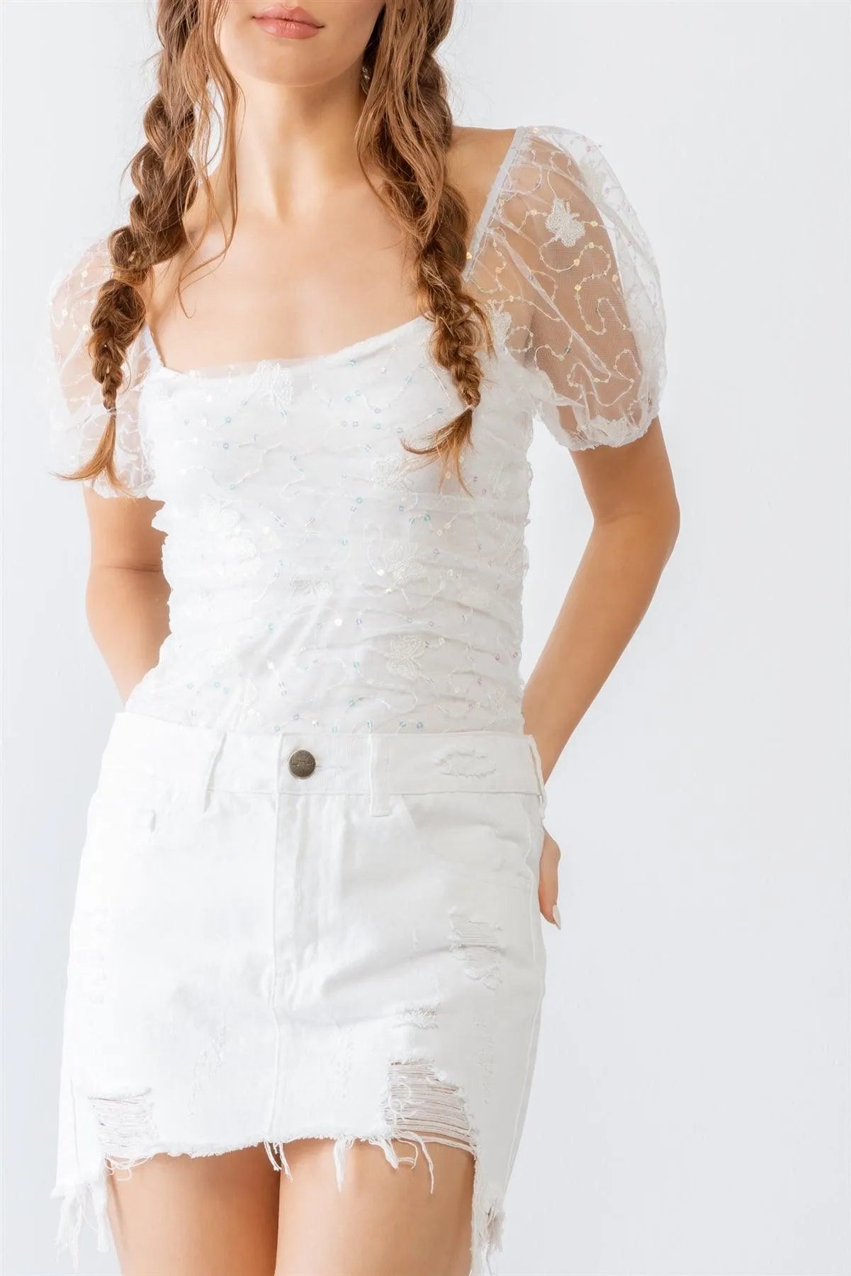 White Organza Mesh Sequin Embroidery Puff Short Sleeve Bodysuit /1-2-2-1 - Tasha Apparel Wholesale