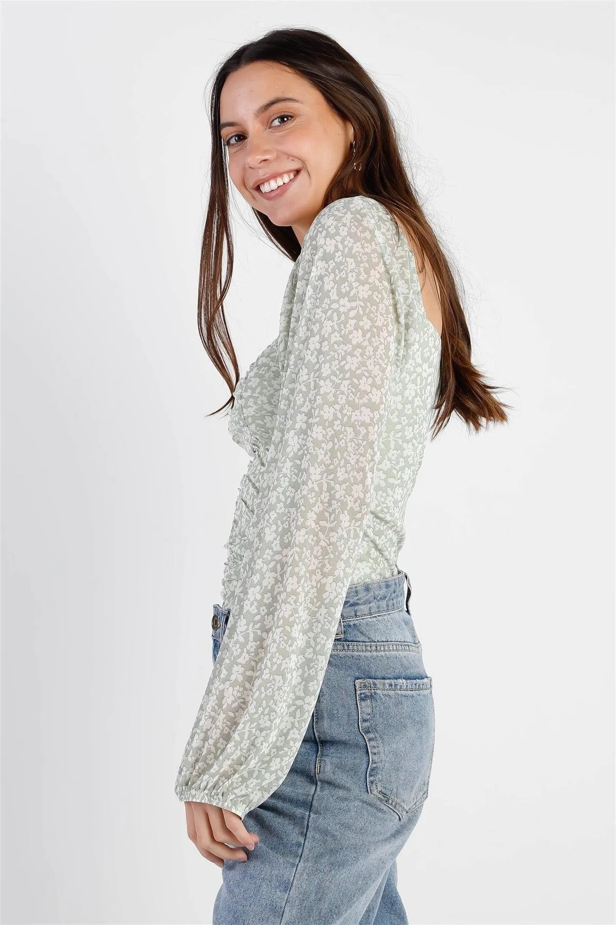 Sage White Floral Print Mesh Ruched Long Balloon Sleeve Bodysuit /3-2-1 - Tasha Apparel Wholesale