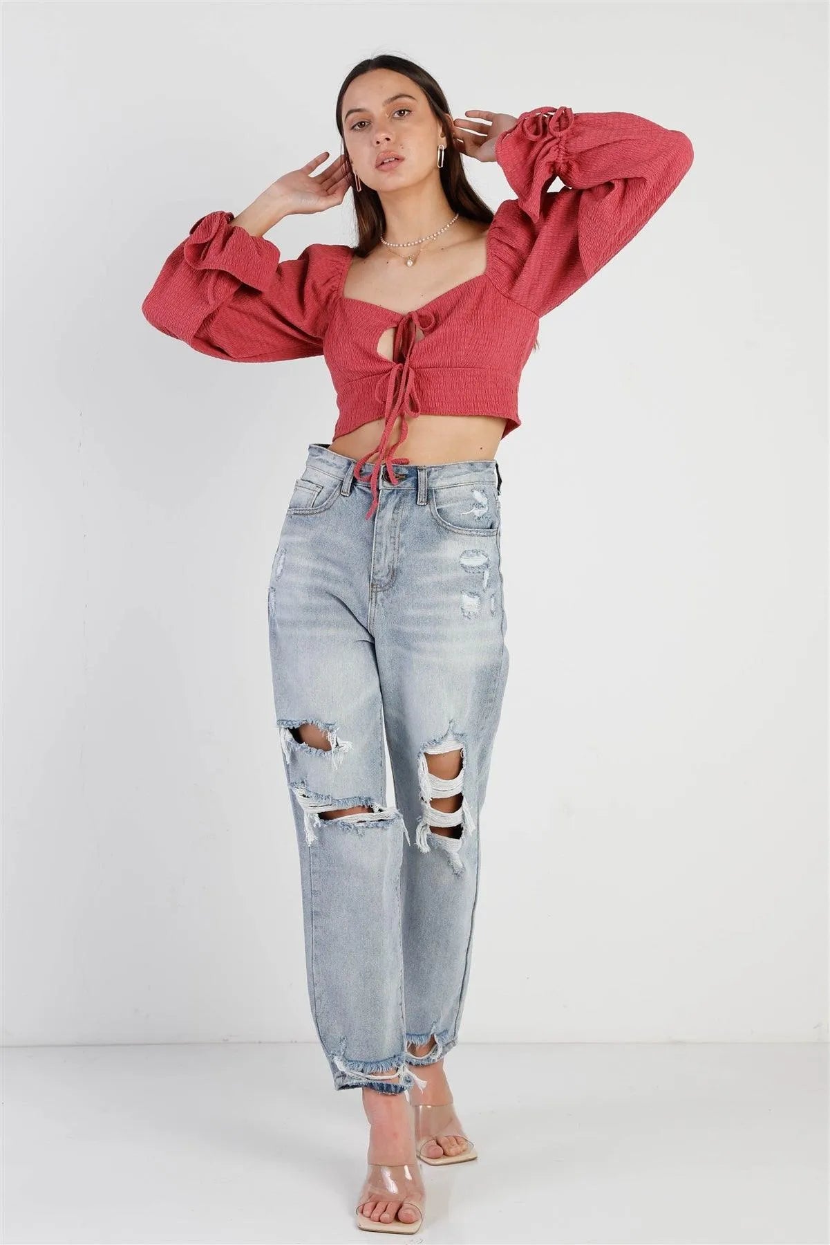 Rose Textured Self-Tie Front & Balloon Sleeve Details Crop Top /3-2-1 - Tasha Apparel Wholesale