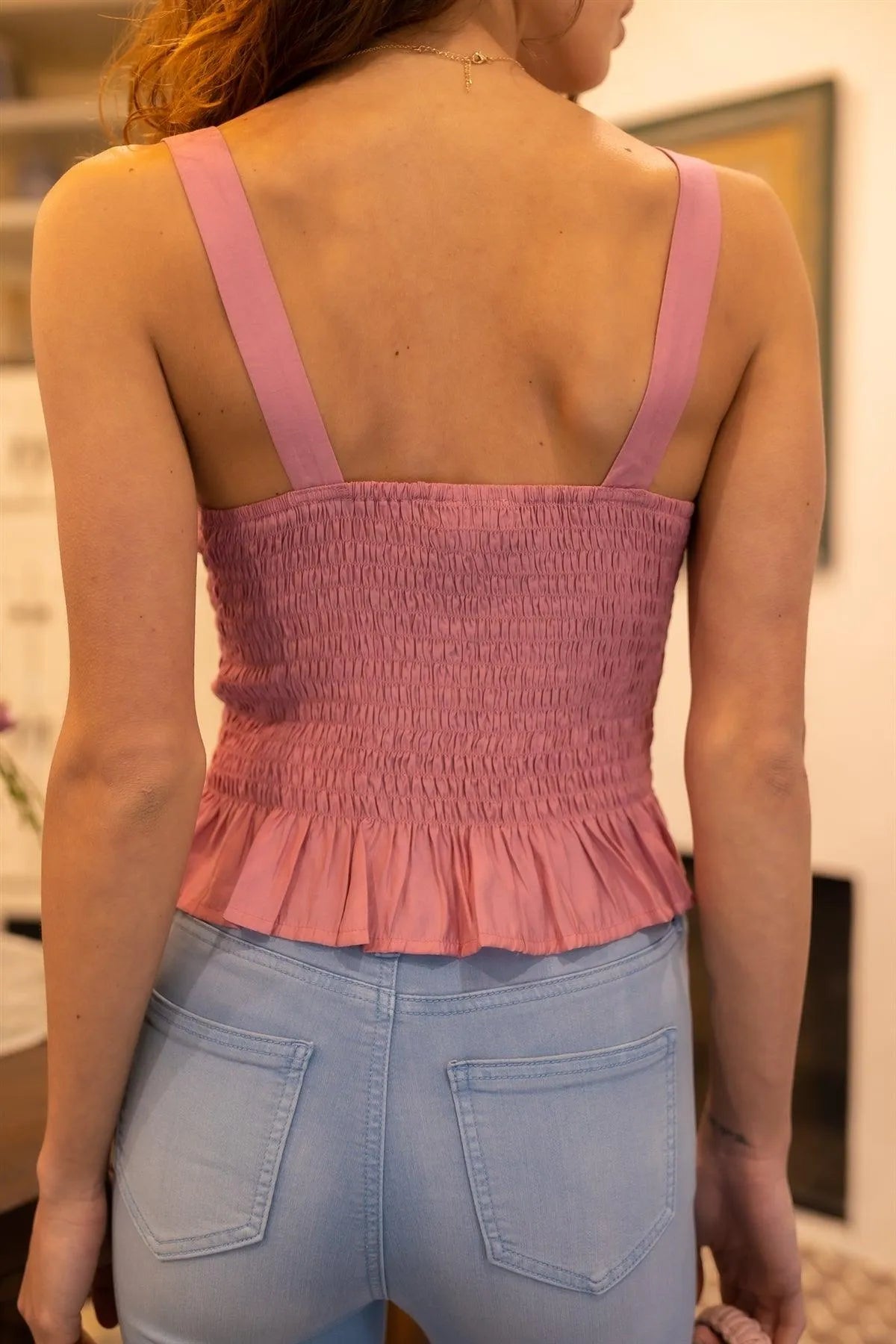 Pink Smocked Bustier Self-Tie Detail Sleeveless Top /2-2-1 - Tasha Apparel Wholesale