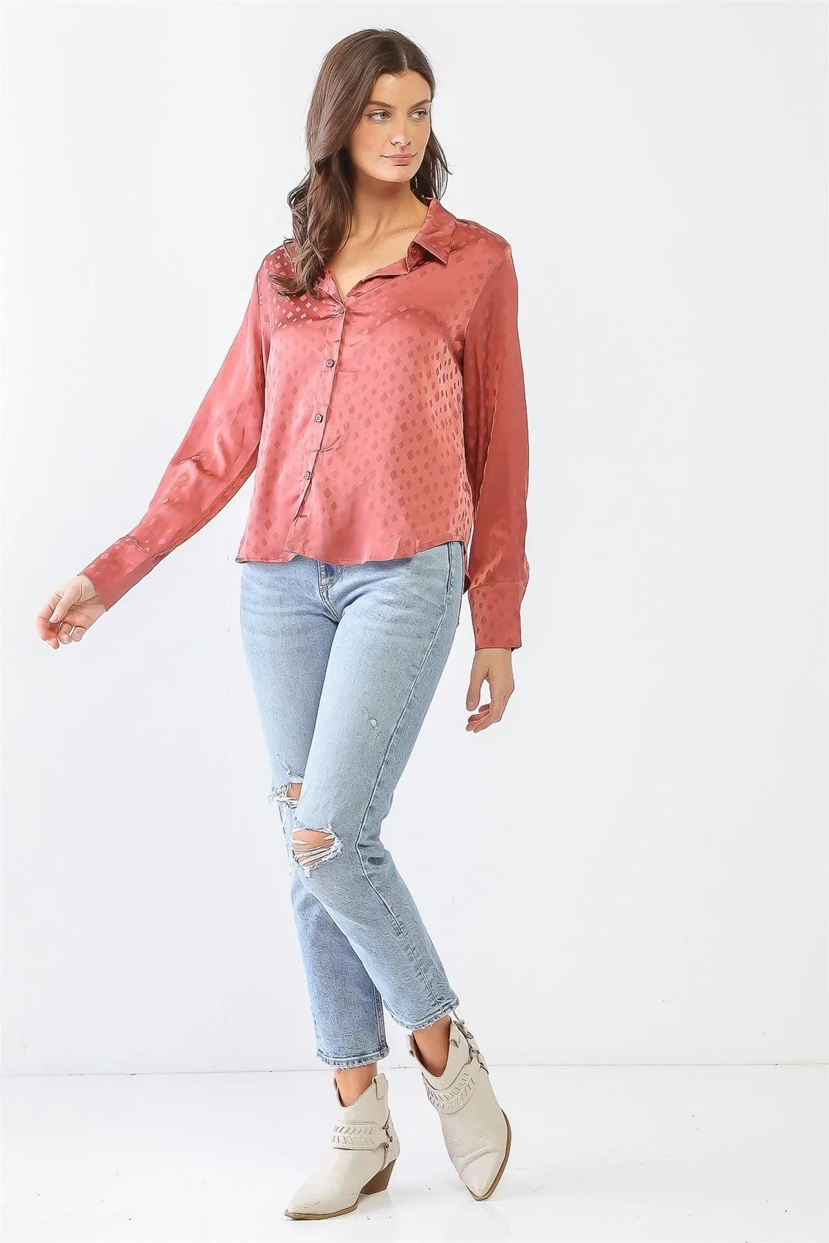 Satin Diamond Print Long Sleeve Button-Up Shirt /3-2-1 - Tasha Apparel Wholesale