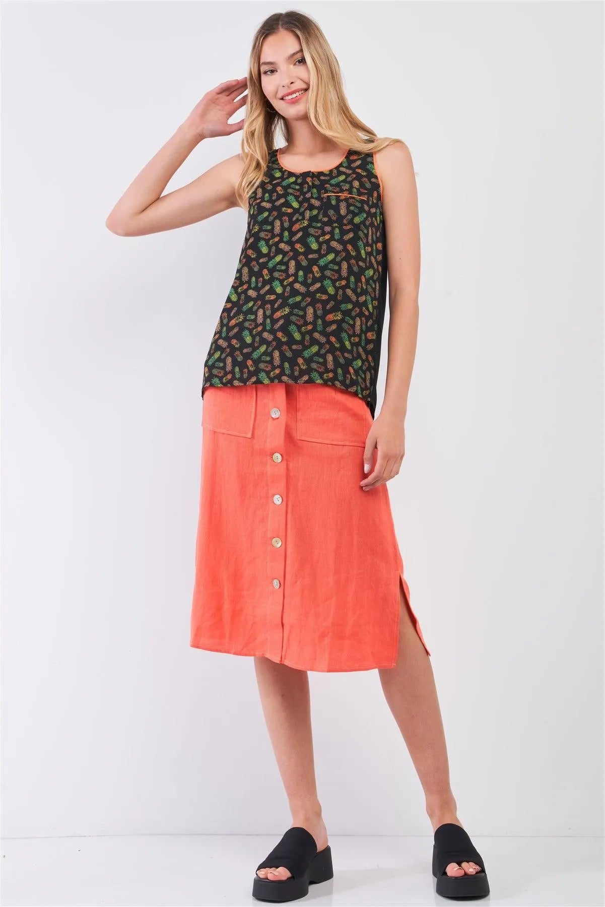 Pineapple Paradise Black & Green Sleeveless Pineapple Print Single Pocket Detail Tank Top /1-2-2-1 - Tasha Apparel Wholesale