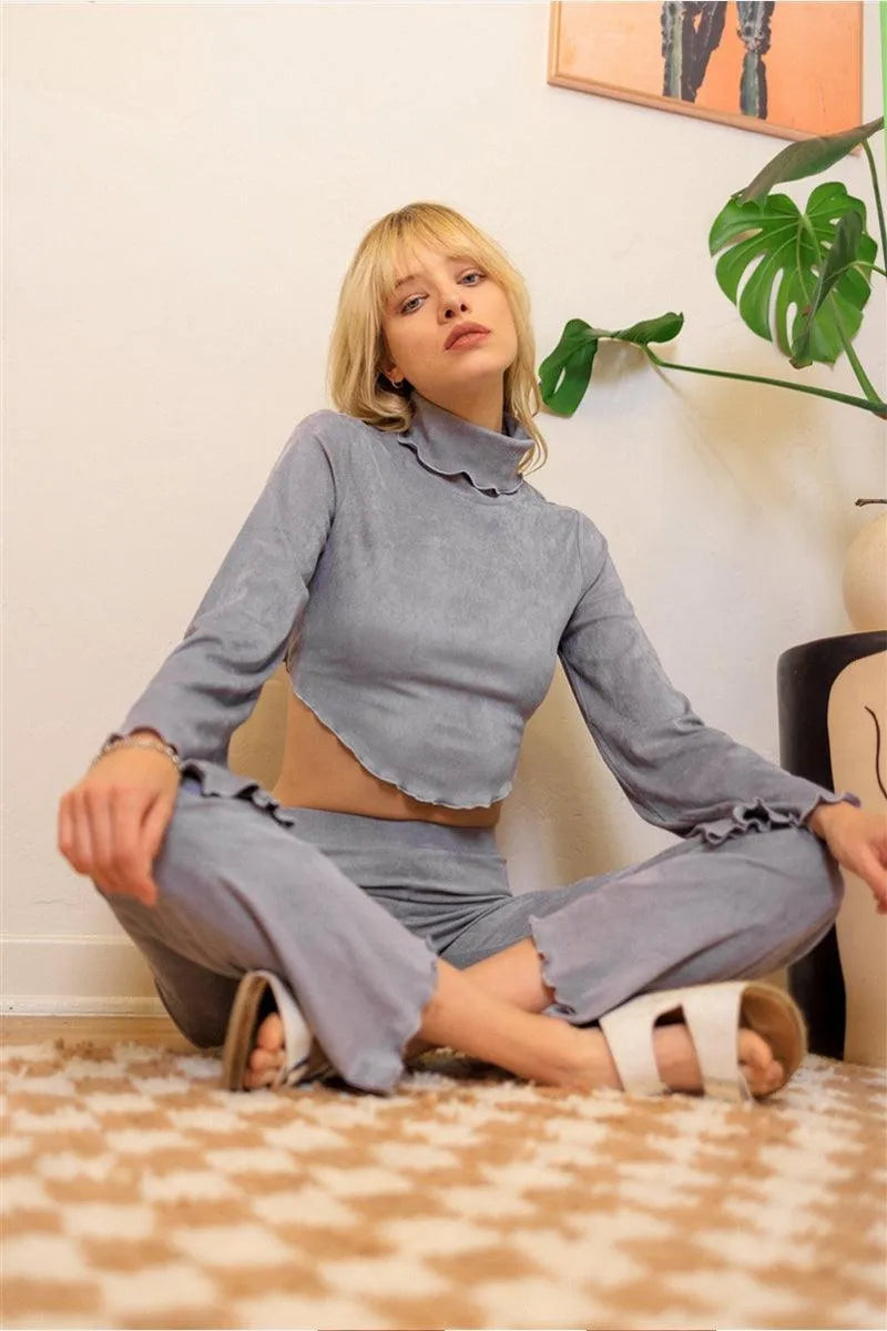 Grey Ribbed Suede Back Lace Down Turtle Neck Crop Top /3-2-1 - Tasha Apparel Wholesale