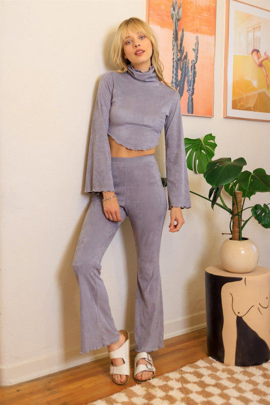 Grey Ribbed Suede Back Lace Down Turtle Neck Crop Top & Flare Pant Set /3-2-1