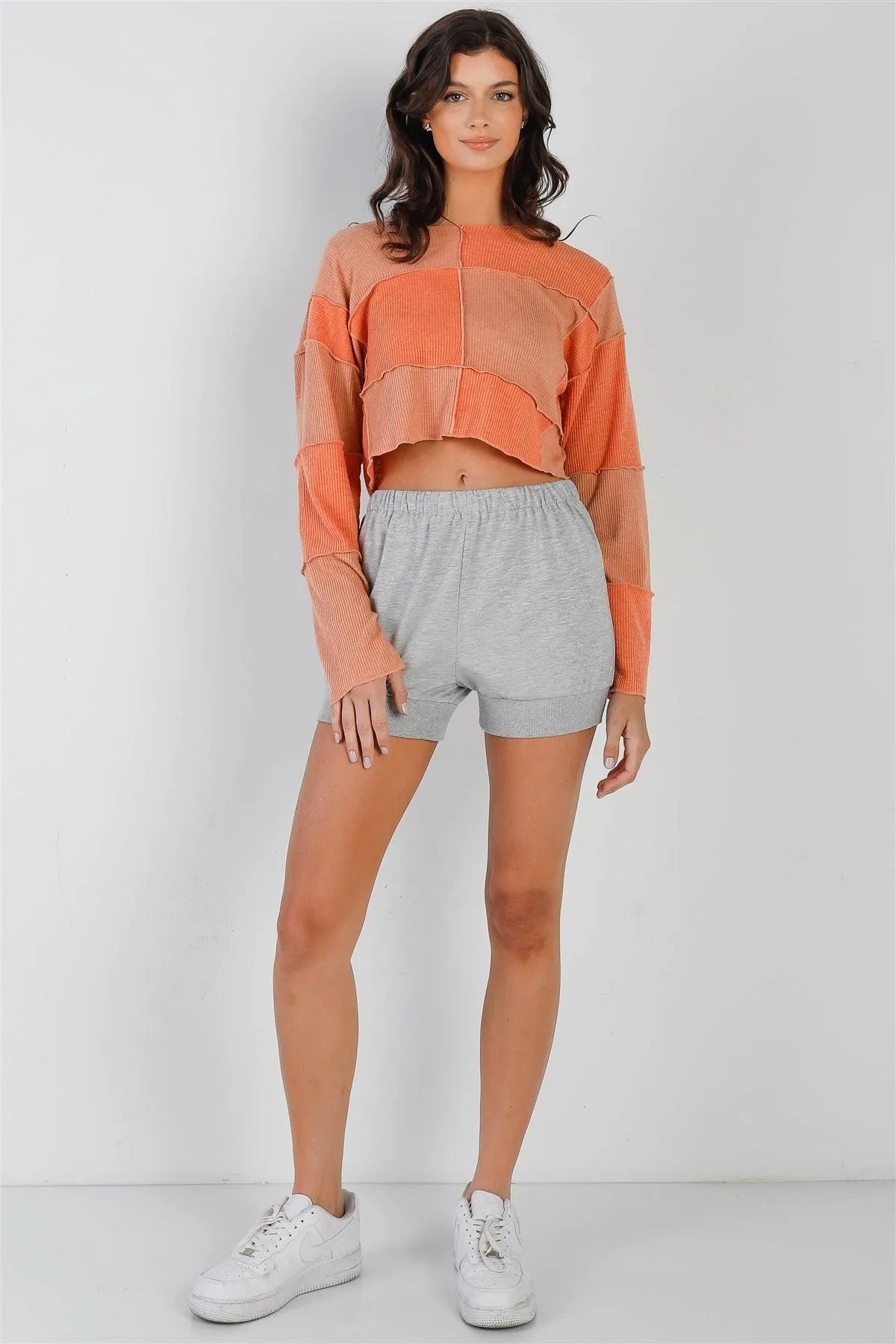 Apricot & Orange Ribbed Inside-Out Trim Detail Long Sleeve Top /2-2-1 - Tasha Apparel Wholesale