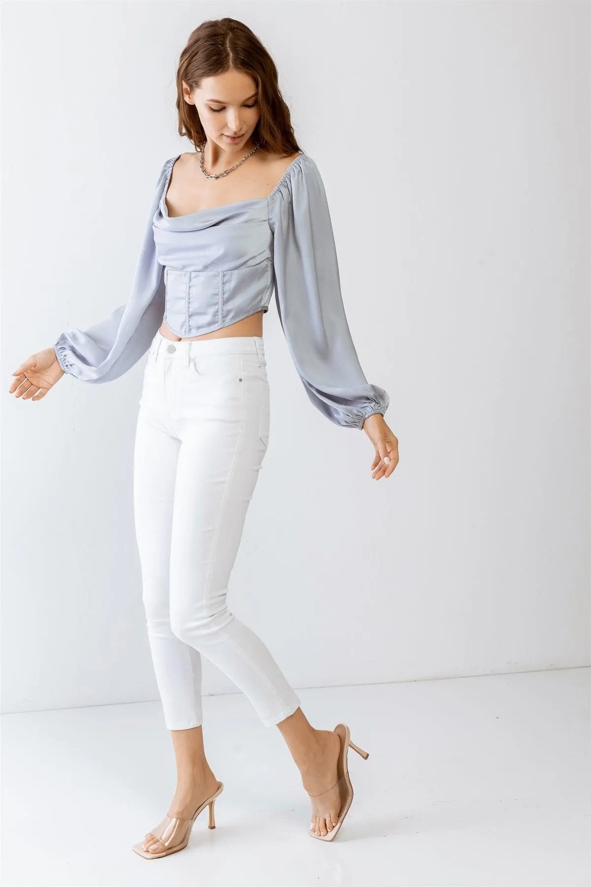 Light Blue Satin Effect Corset Cowl Neck Long Sleeve Crop Top /3-2-1 - Tasha Apparel Wholesale