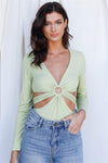 Light Green Ribbed O-Ring Detail Cut-Out Self-Tie Long Sleeve Bodysuit /3-2-1