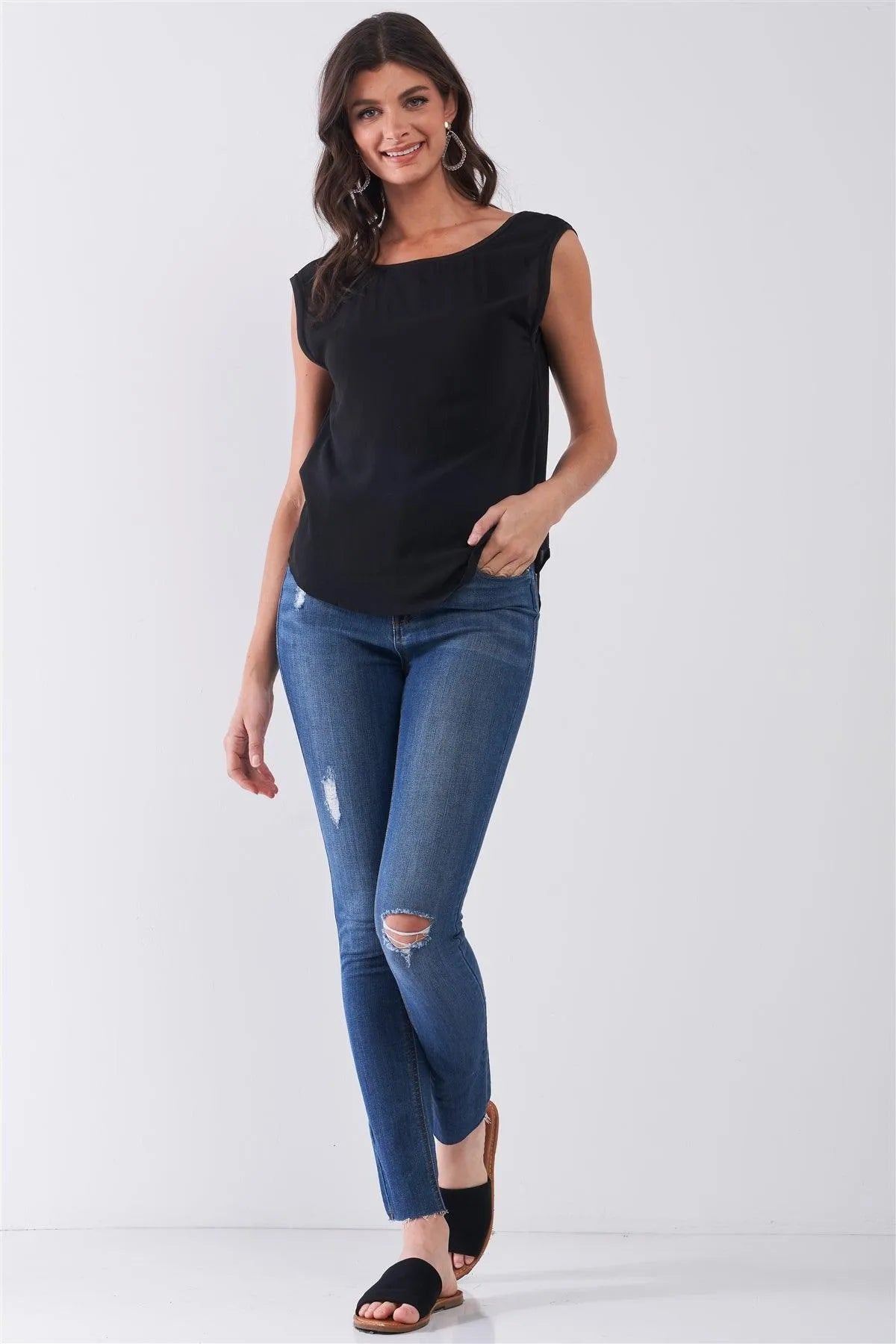 Black Sheer Chiffon Sleeveless V-Back Detail Relaxed Lined Top /1-2-2-1 - Tasha Apparel Wholesale