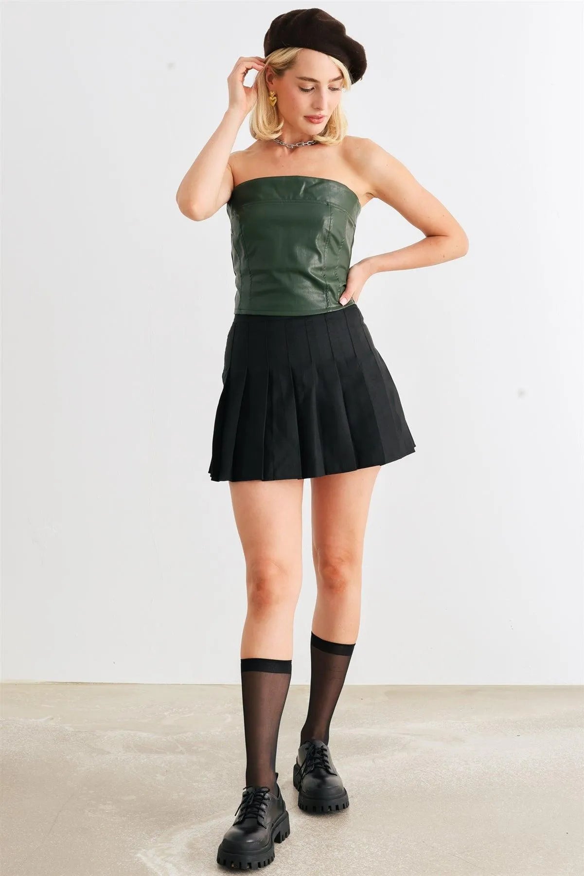 Dark Green Faux Leather Strapless Crop Corset Top /1-2-2-1 - Tasha Apparel Wholesale