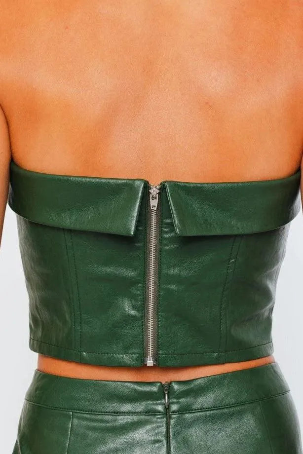 Dark Green Faux Leather Strapless Crop Corset Top & High Waist Pants Set /1-1-2-1 - Tasha Apparel Wholesale