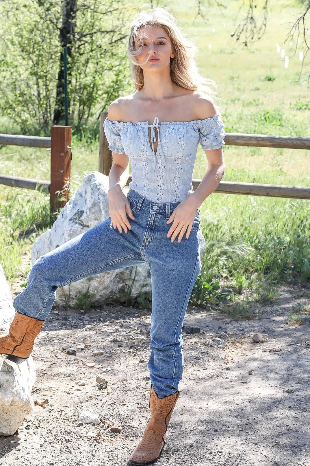 Dusty Blue Textured Embroidered Cut-Out Self-Tie Detail Balloon Puff Sleeve Bodysuit /3-2-1 - Tasha Apparel Wholesale