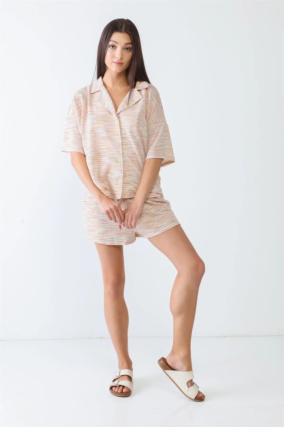 Cream Multicolor Stripe Print Collared Neck Button-Up Short Sleeve Top & High Waist Three Pocket Shorts Set /3-2-1 - Tasha Apparel Wholesale