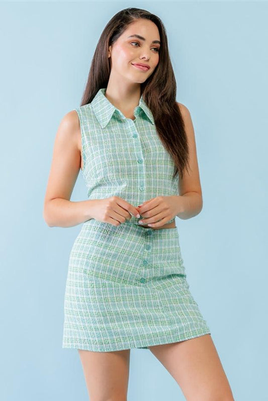White & Blue Plaid Print Textured Collared Neck Sleeveless Button-Up Top & High Waist Button Mini Skirt Set /3-2-1