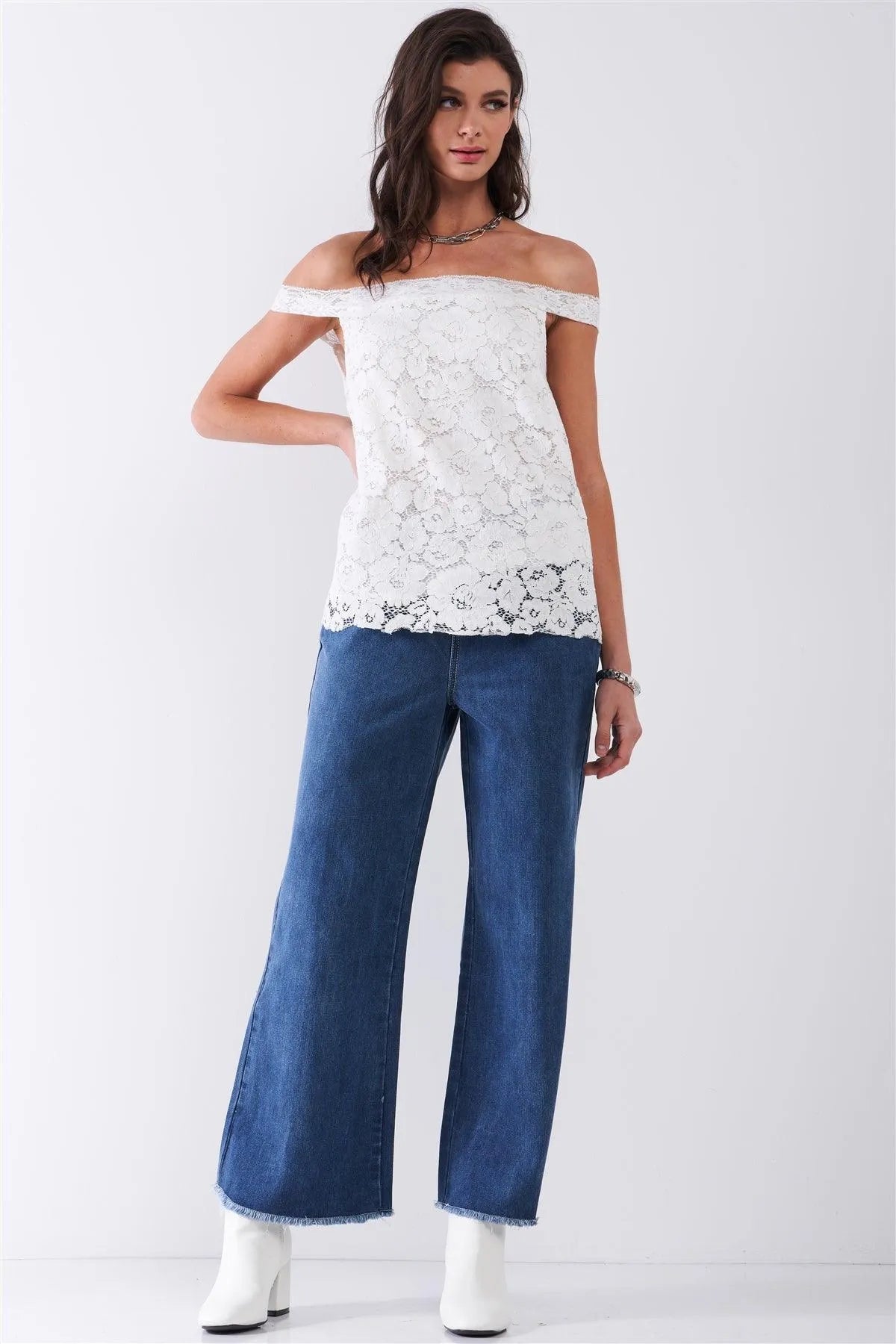 White Floral Crochet Sleeveless Off-The-Shoulder Lace Trim Relaxed Top /2-2-1 - Tasha Apparel Wholesale