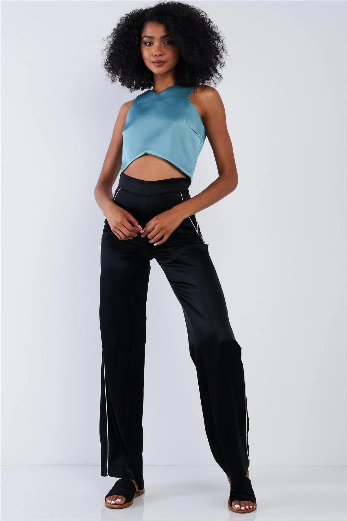 Solid Seafoam Green Chic V-Neck Sleeveless Copped Top /1-2-2-1 - Tasha Apparel Wholesale